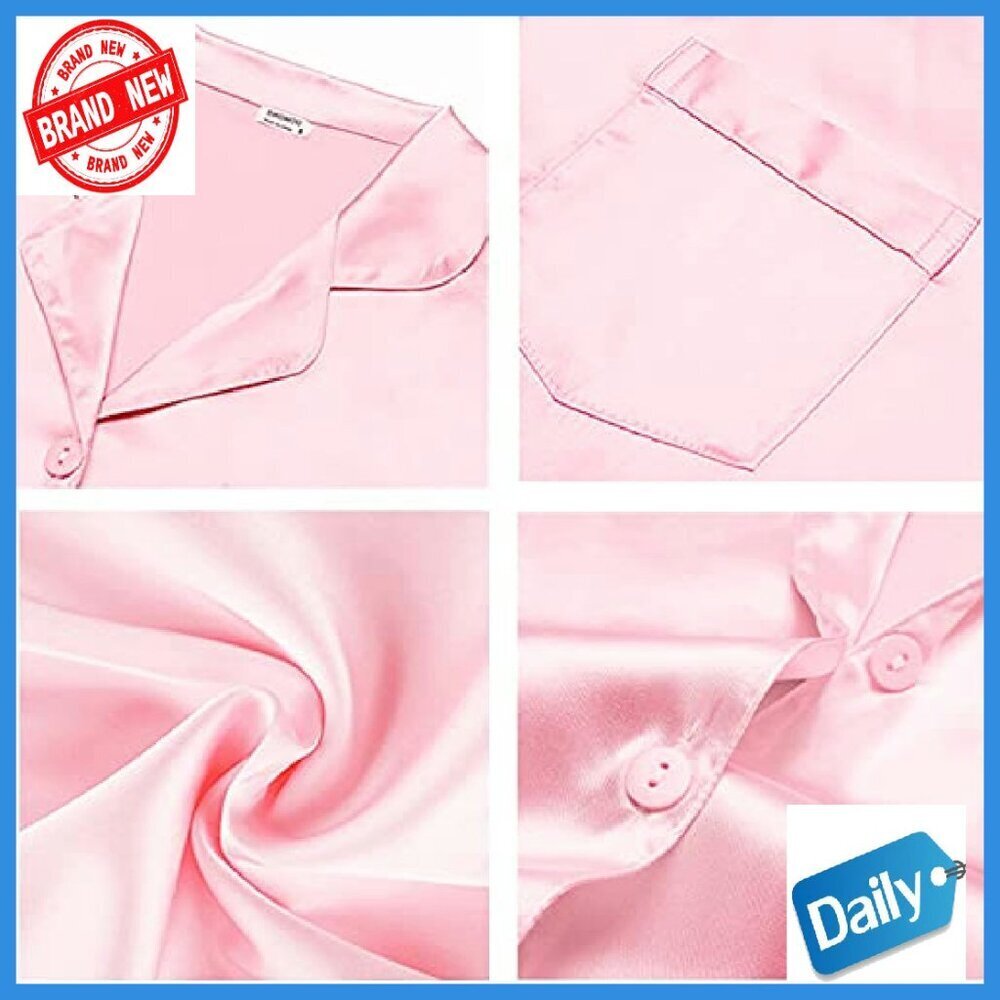 Long Sleeve Satin Pajama Set with Pocket, Button Down Sleepwear - Picture 5 of 8